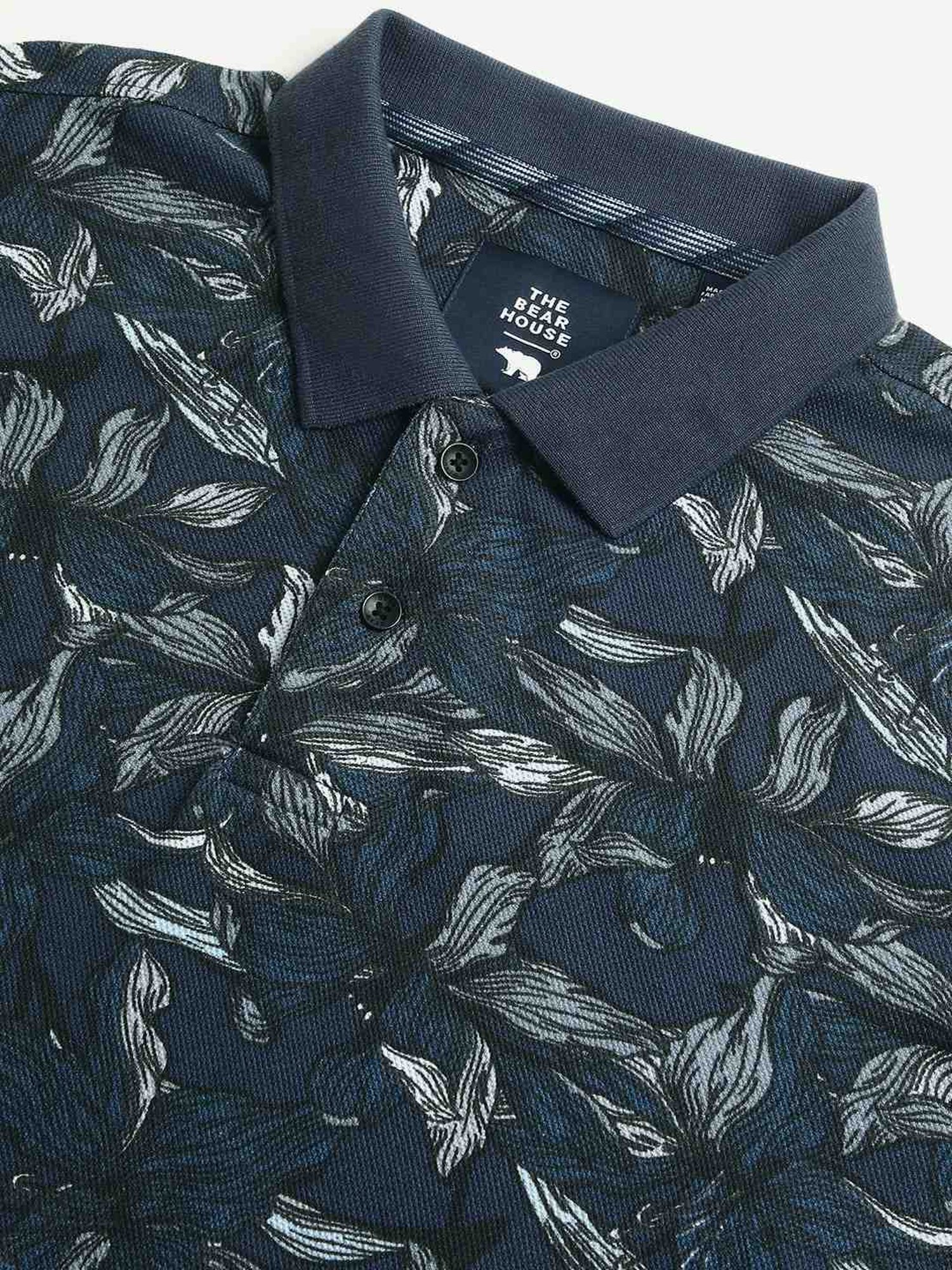 The Bear House Blue Cotton Regular Fit Printed Polo T-Shirt