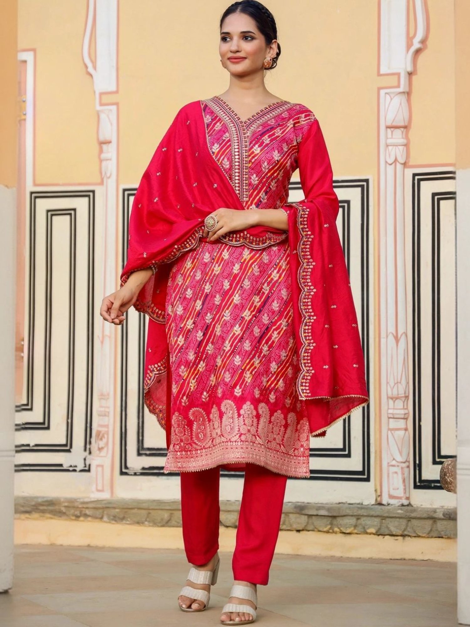 Scakhi Deep Pink Silk Jacquard Bandhani Suit Set Kurta With Pant And Dupatta