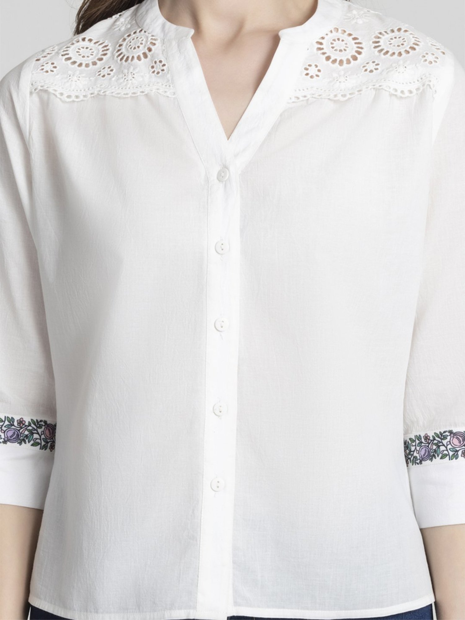 SHAYE White Cotton Self Design Top