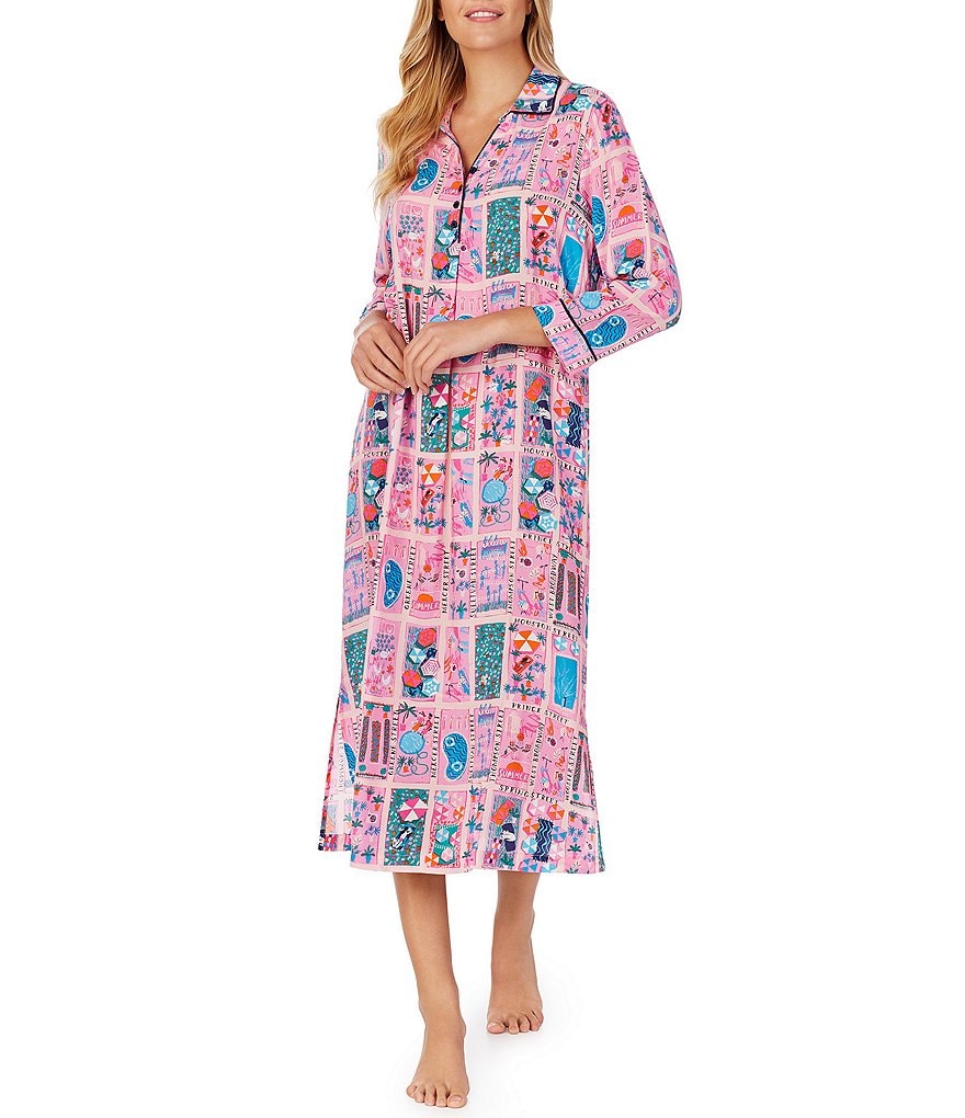 Natori Bloom Printed Satin Woven Zip Front Caftan