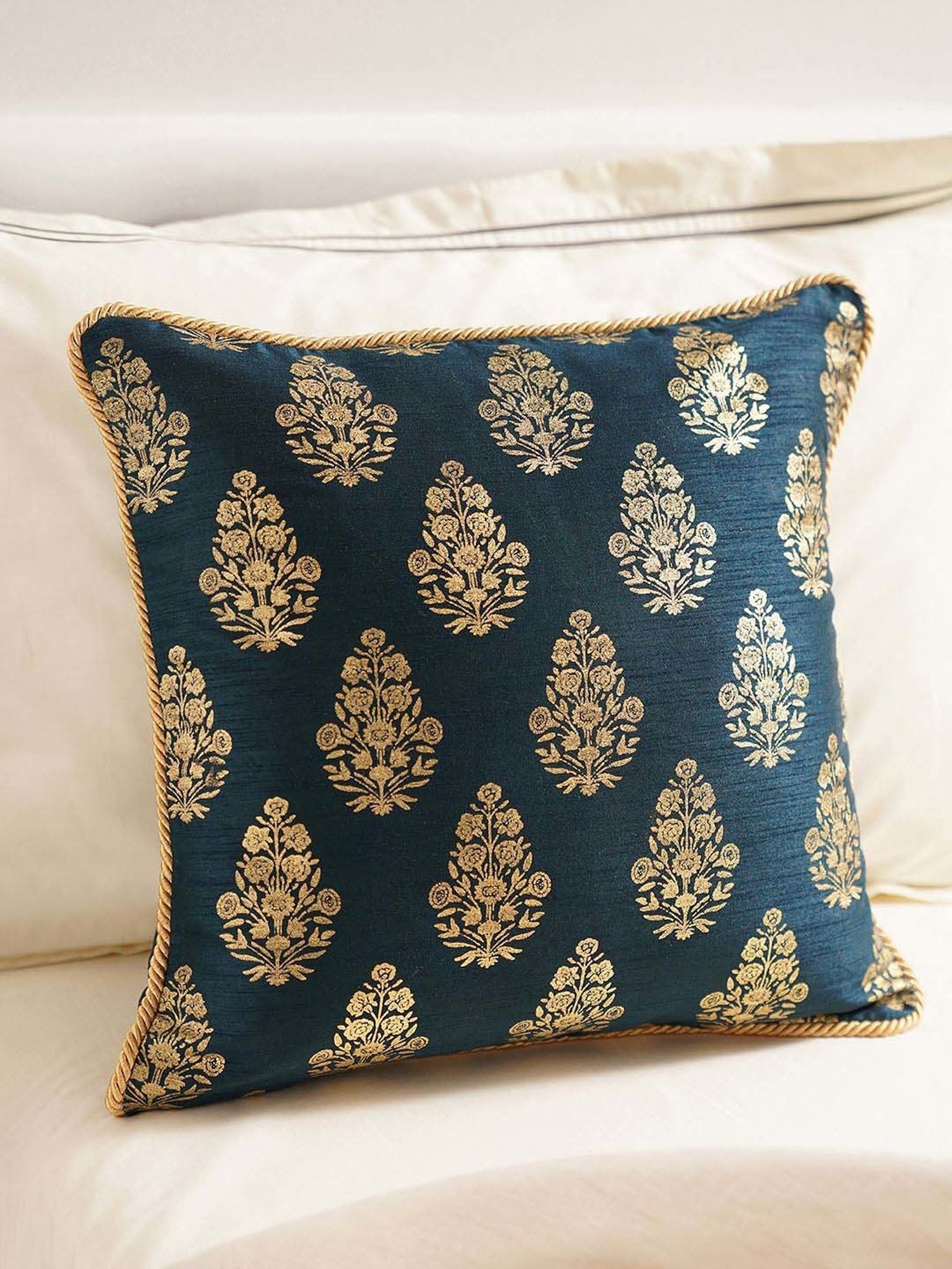 Pure Home and Living Blue Poly Dupion Foil Print Cushion Cover With Satin Twisted Dori