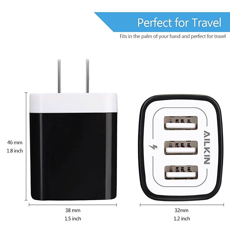 Wall Charger Plug  USB Plug Wall 3MultiPort Home Charger Station Cube Box Charger Outlet Base Brick Block Replacement for iPhone iPad and iWatch Charger Plug Black