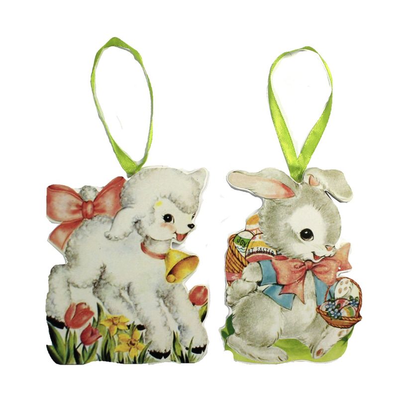 Easter 4.25" Easter Dummy Boards Set / 5 Ornament Vintage Bunny Chick  -  Tree Ornaments