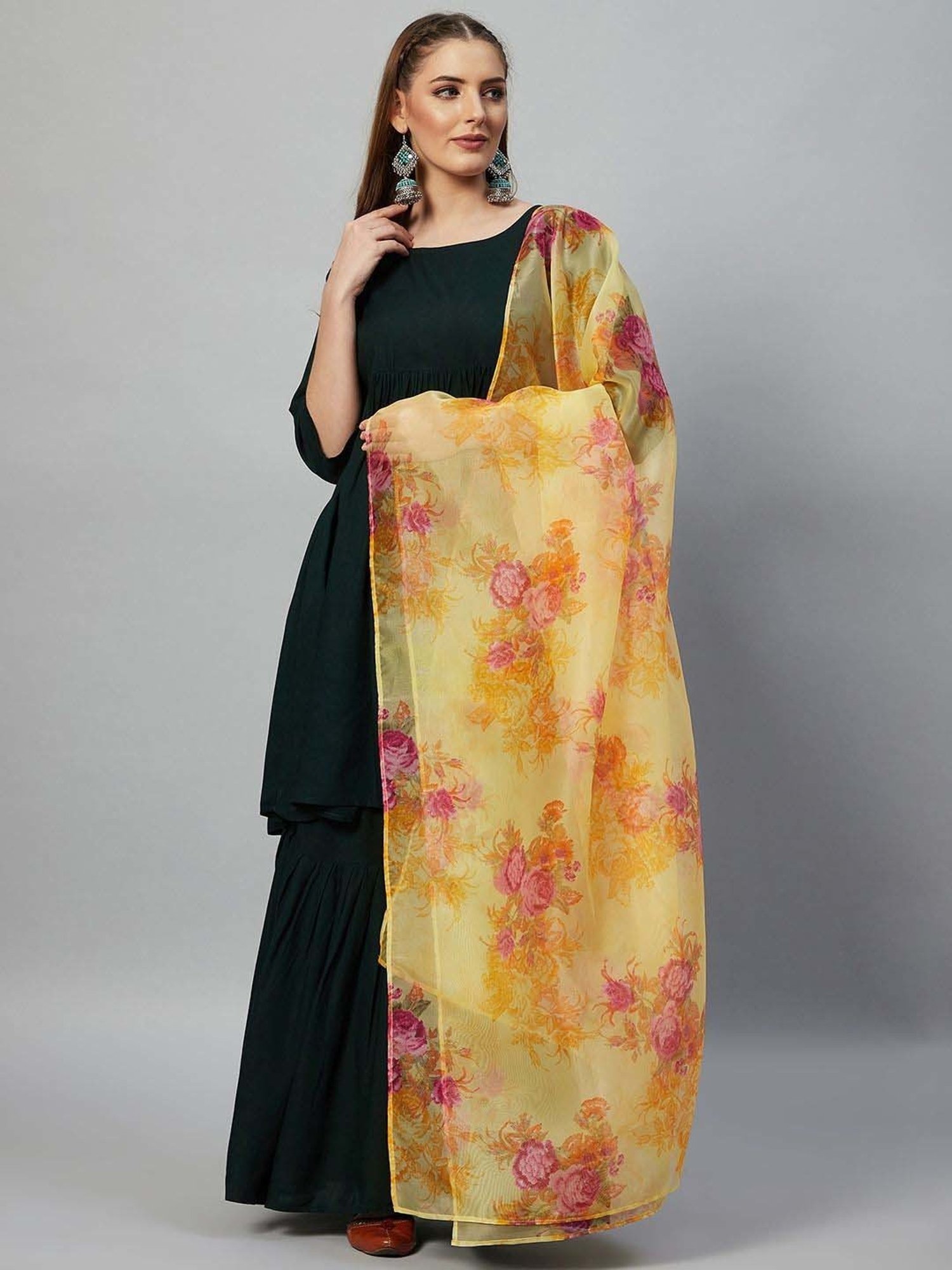 Inweave Yellow Floral Print Dupatta
