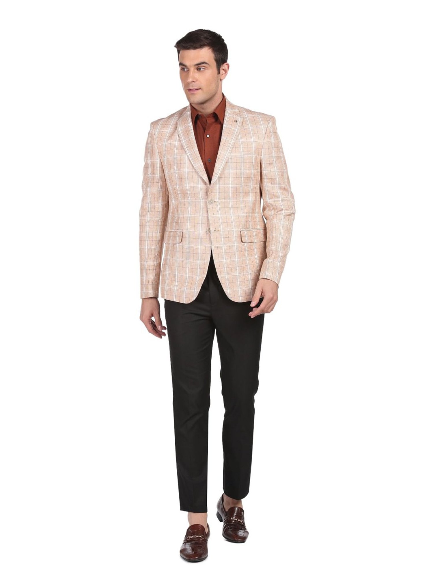 Arrow Beige Cotton Regular Fit Checks Blazers