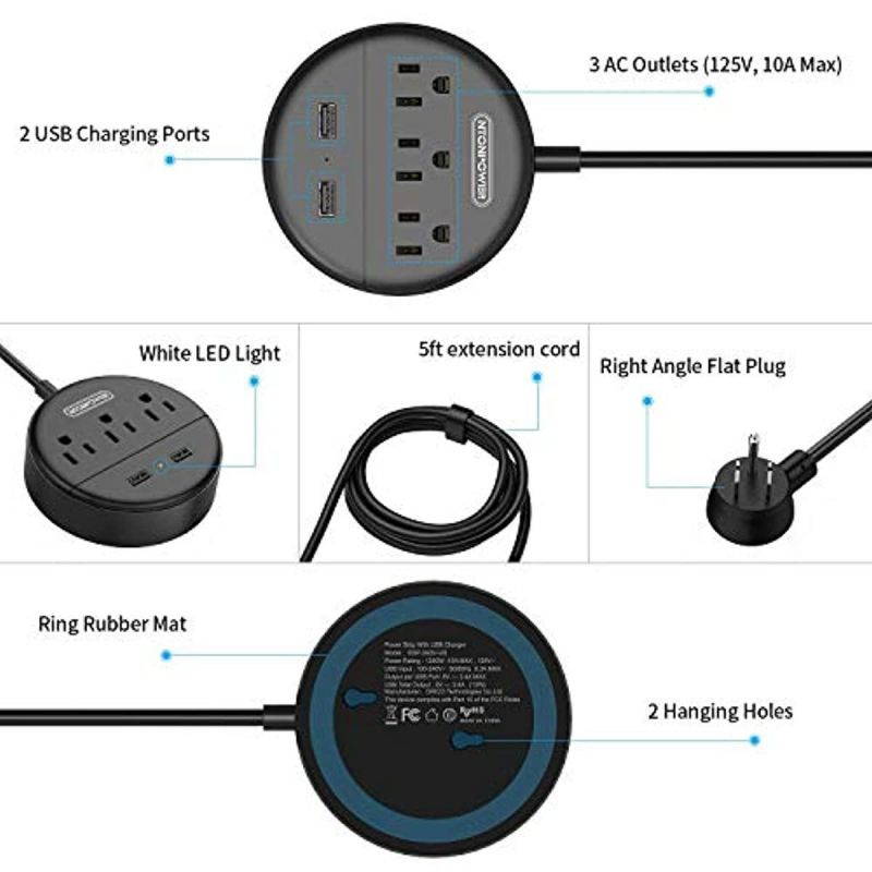 NTONPOWER Flat Plug Power Strip with USB Bundle, 3 Outlets Compact Power Strip with 5 ft Cord and 10 ft Long Extension Cord, Right Angle Plug, Wall Mount for Office, Home, Nightstand, Dorm Essentials