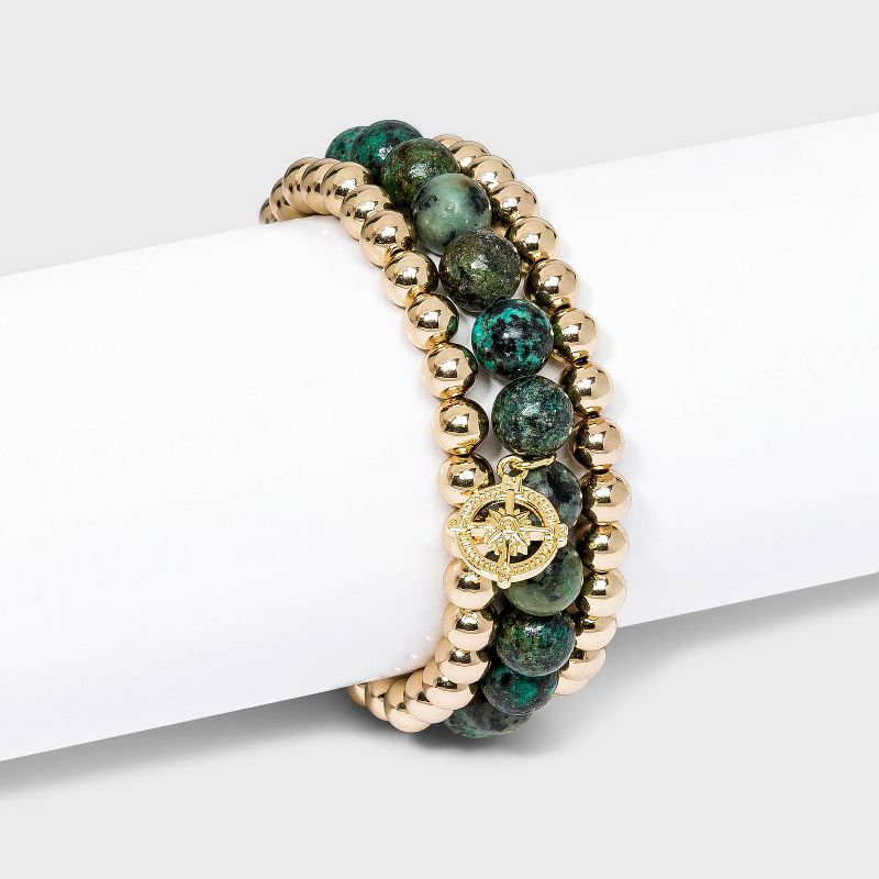Beloved + Inspired Gold Granite with Compass Charm Trio Stretch Beaded Bracelet Set - Blue