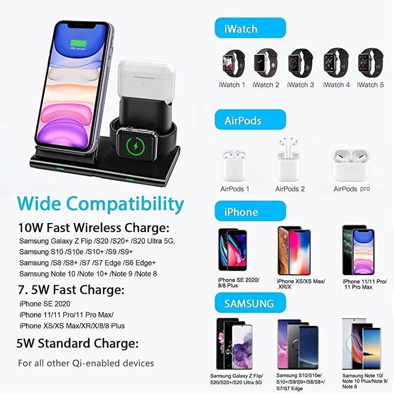 Wireless Charger 3 in 1 Charging Station Dock for Apple Watch Series 6SE5432 Airpods Pro2 75W Qi Fast Wireless Charging Stand for iPhone 11 Pro MaxSE 2020XS MaxXRXSX88 Plus