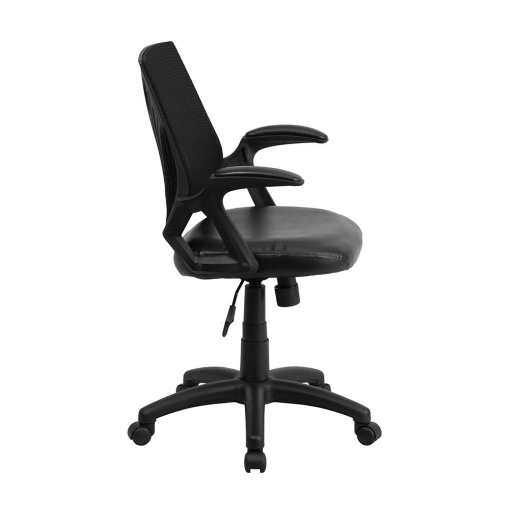 Mid-Back Designer Black Mesh Swivel Task Office Chair with LeatherSoft Seat and Open Arms