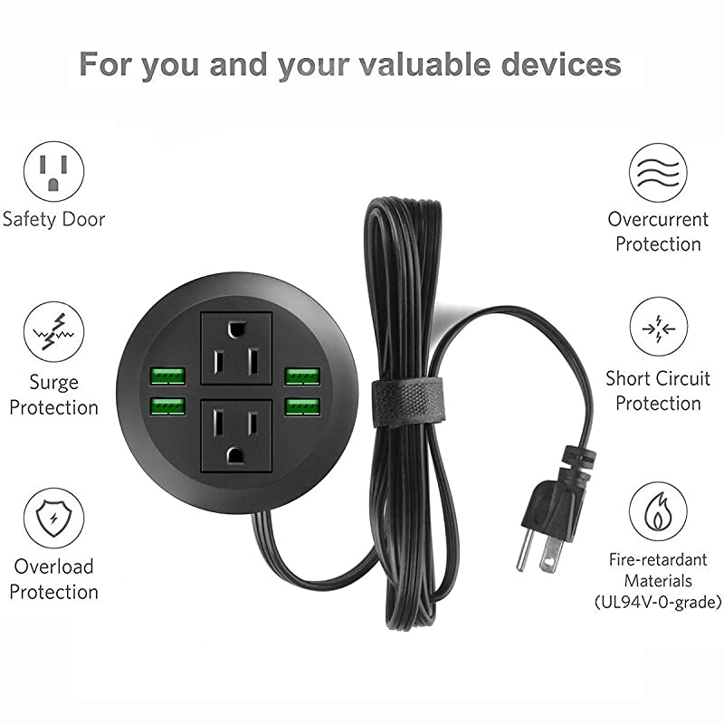 Power Grommet with USBRecessed Power Socket with 2 AC Outlets and 4 USB Charging Ports Desk Grommet Outlet 3 18in Holefor Kitchen TableConference Room Outlet
