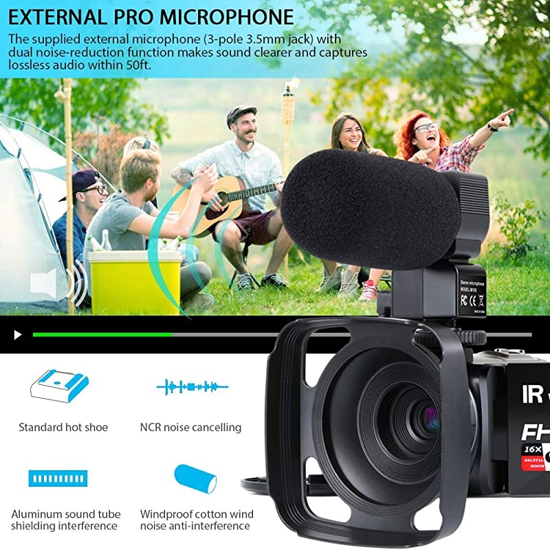 Camera 4K Camcorder Ultra HD 48MP Vlogging Camera for YouTube WiFi Night Vision Camcorder Touch Screen 16X Digital Zoom Vlog Camera Recorder with Microphone Remote Stabilizer Hood Batteries