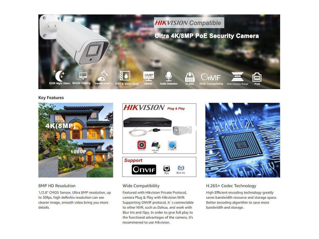 Hikvision Comptiable IP Camera 4K 8MP H.265+ 2pcs Infrared Led 2.8mm Outdoor Support ONVIF Motion Detection POE IP CCTV Camera