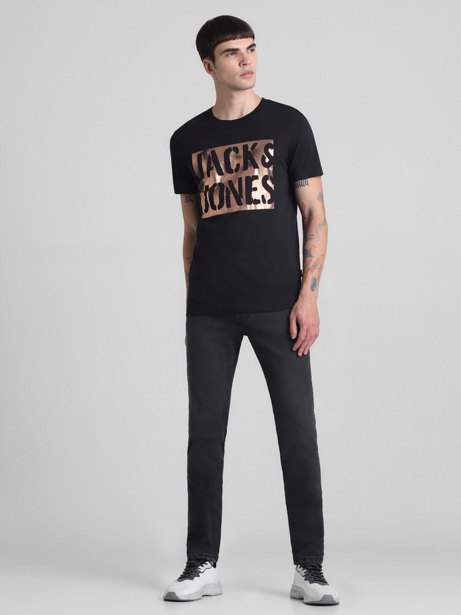 Jack & Jones Jet Black Cotton Slim Fit Printed T-Shirt
