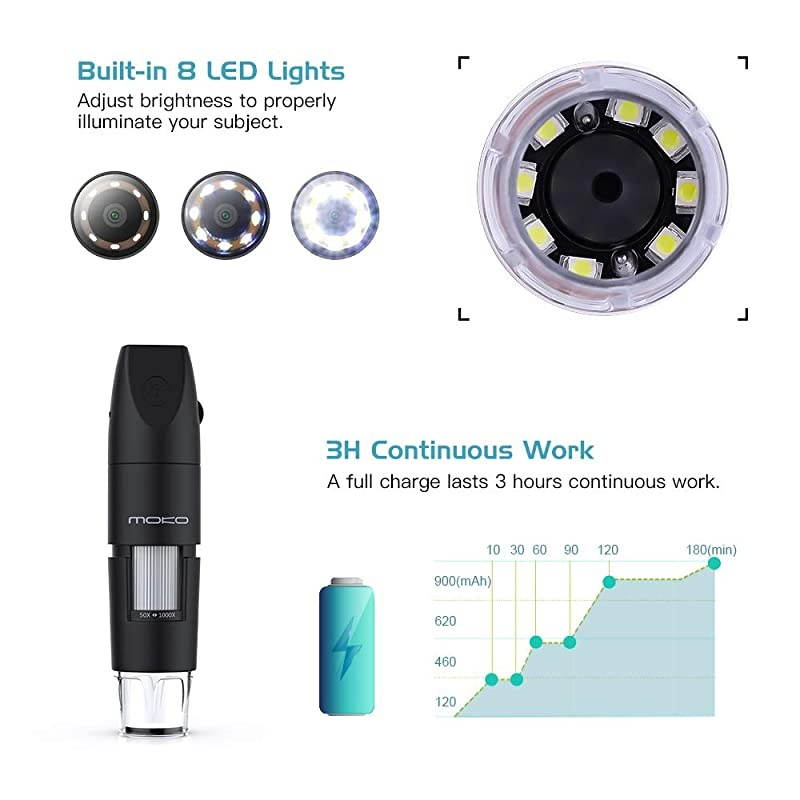 WiFi USB Digital Microscope 1080P HD 2MP Camera 50x to 1000x Magnification Mini Pocket Handheld Wireless Endoscope 8 LED Arm Stand Compatible with iPhoneiPadMacWindowAndroidiOS Black