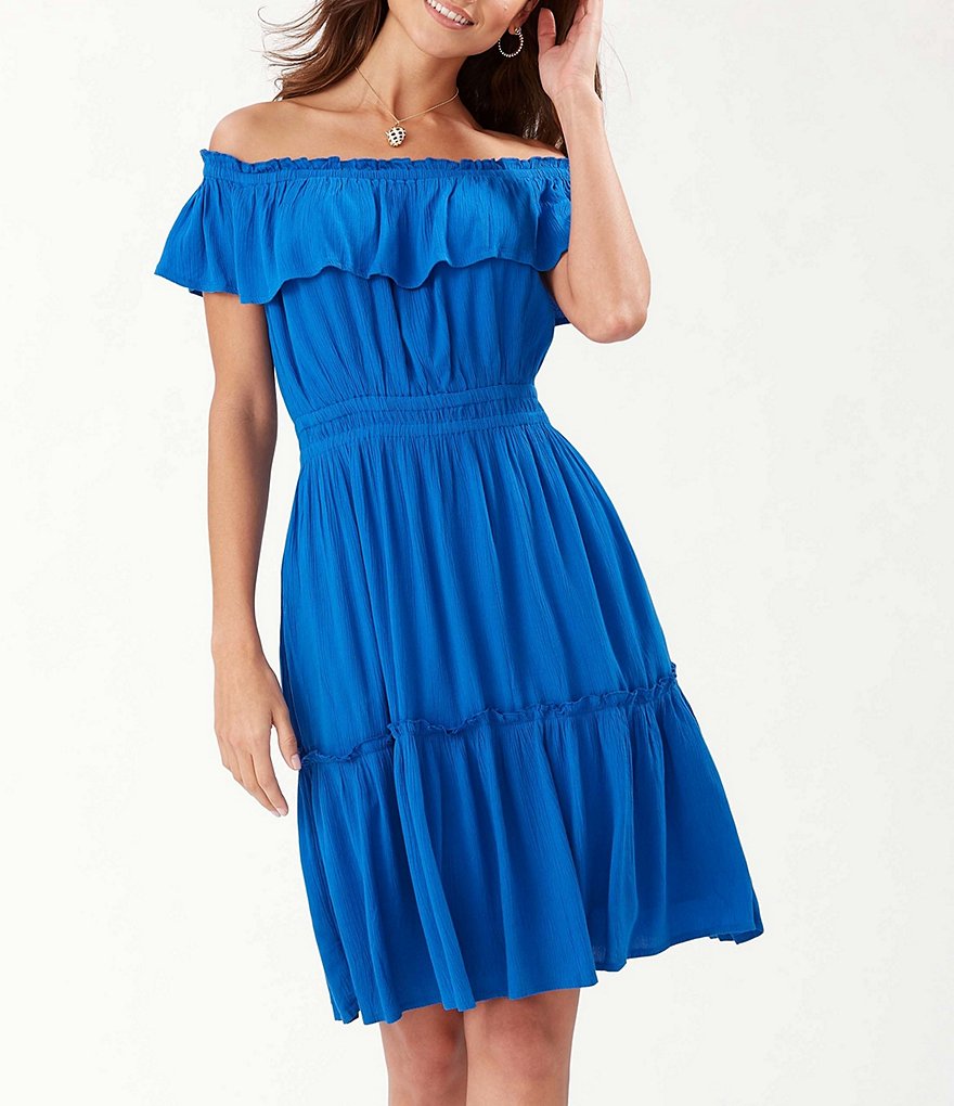 Tommy Bahama Caicos Crinkle Gauze Off-the-Shoulder Cinched Waist Dress