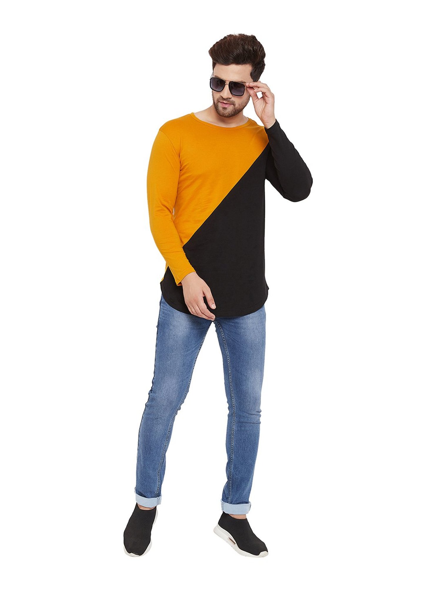 Hypernation Yellow & Black Cotton Regular Fit Color Block T-Shirt