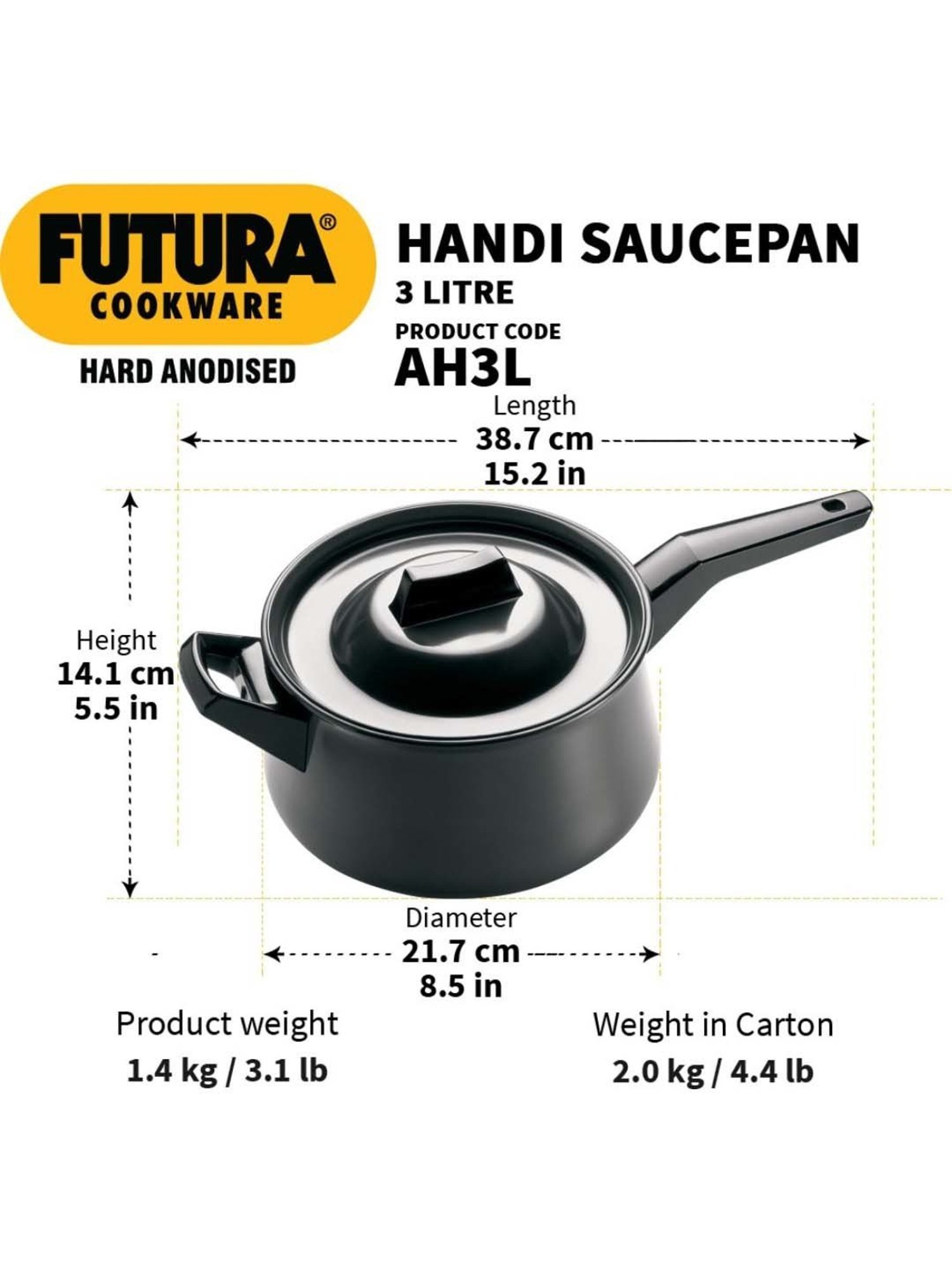 Hawkins Black Hard Anodised 21.9 cm Non-Toxic Handi Saucepan (3 L) - Set of 1