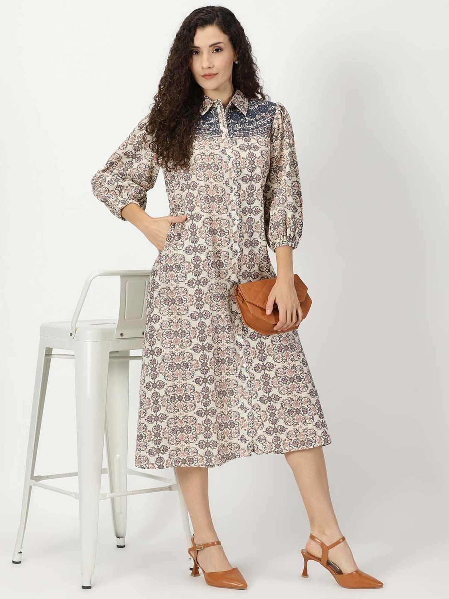 Saffron Threads Cream Printed Ethnic Dresses