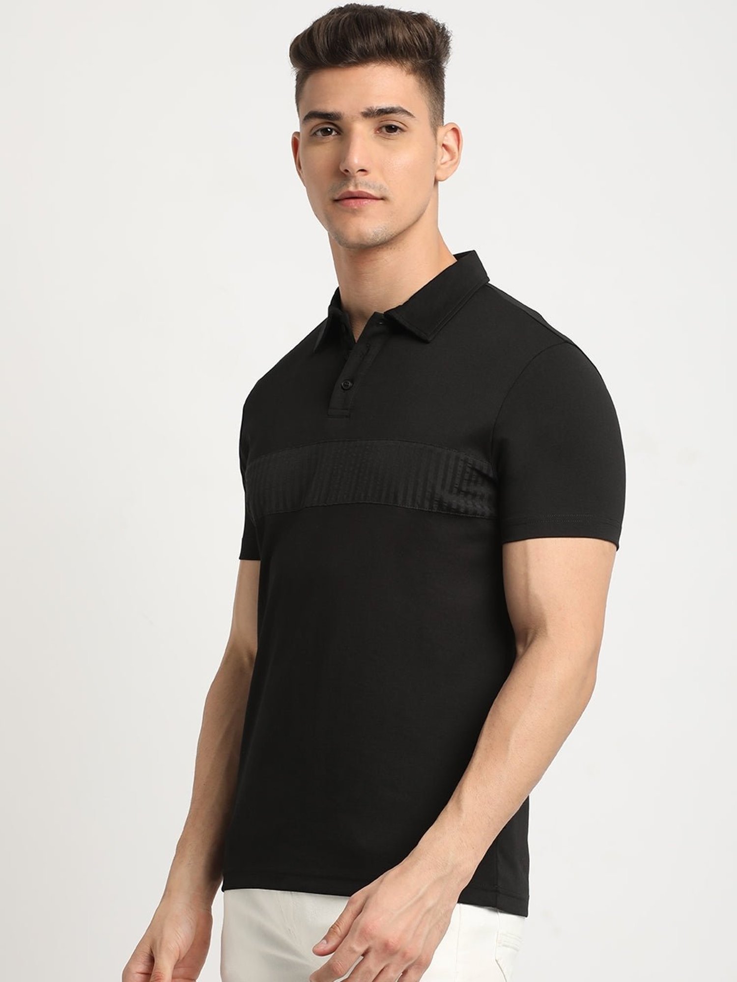 The Bear House Black Slim Fit Self Pattern Polo T-Shirt
