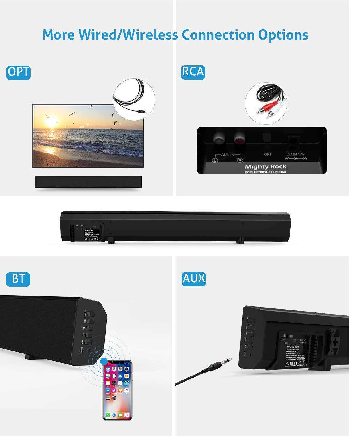 Meidong KY2018 Bluetooth Soundbar Wired and Wireless Bluetooth Surround Sound for TV Sounds Bar Includes Optical Cable, RCA Cable and Remote Control (30 in, Black)