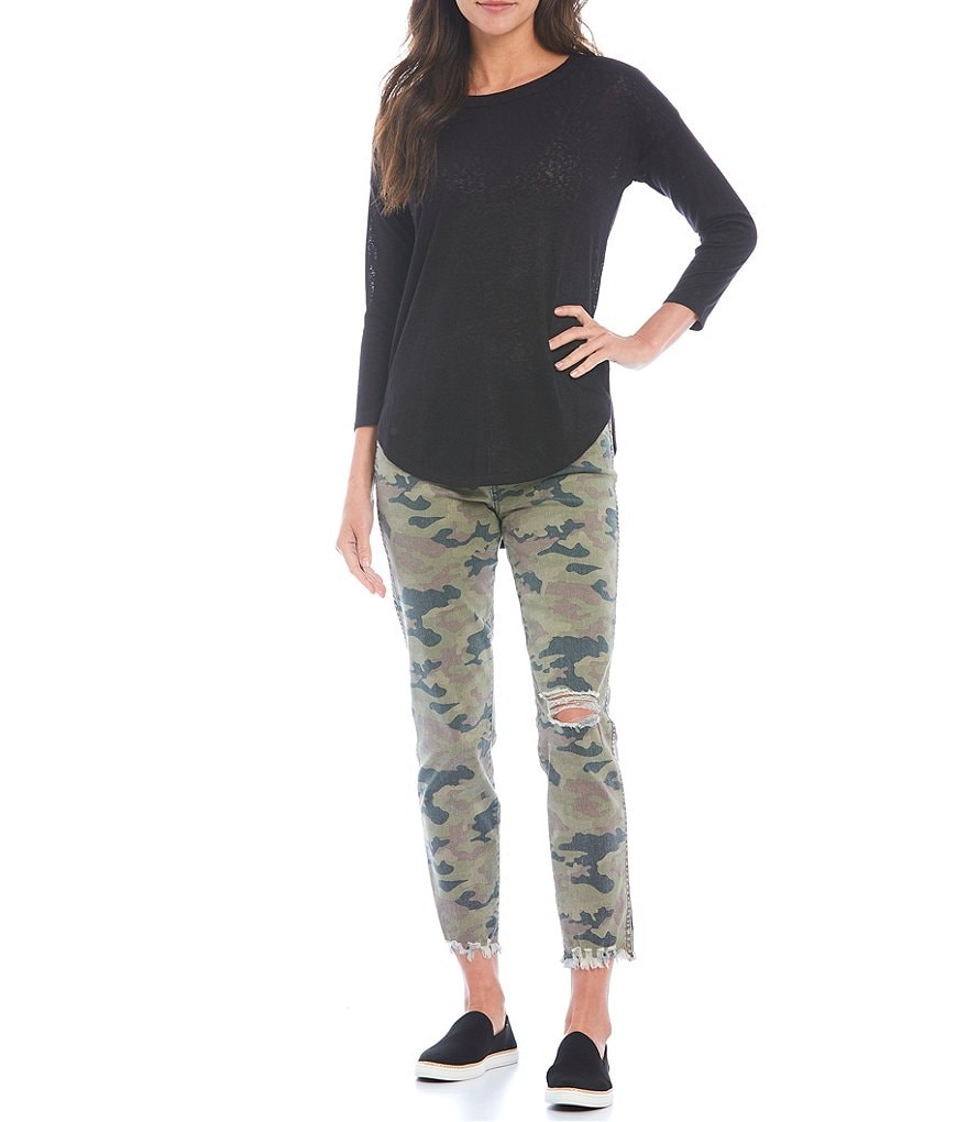 KUT from the Kloth Reese Camo Fab Ab Fit Technique High Rise Straight Leg Raw Hem Destruction Detail Ankle Jeans