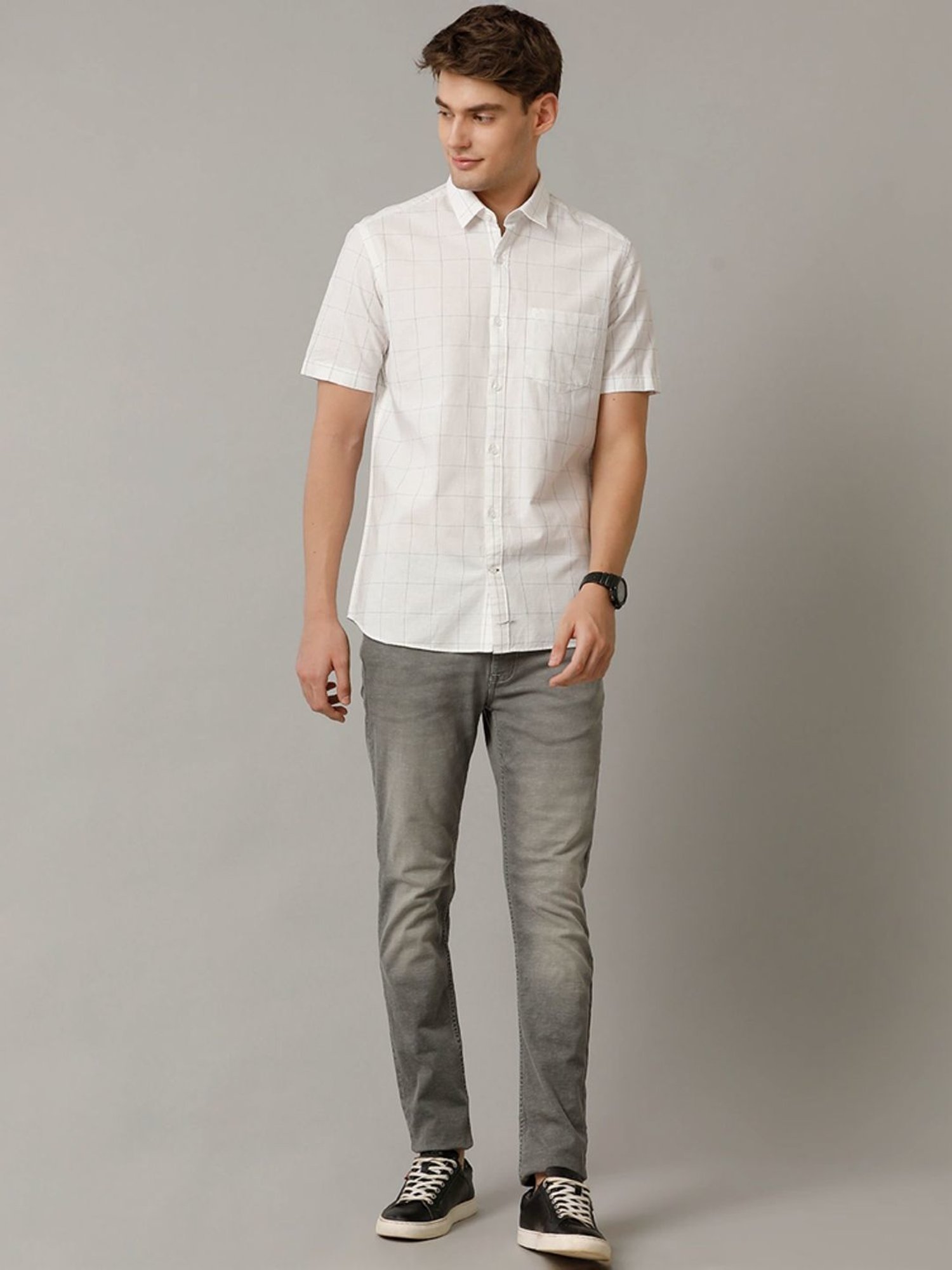 Cavallo By Linen Club White Linen Contemporary Fit Checks Shirt