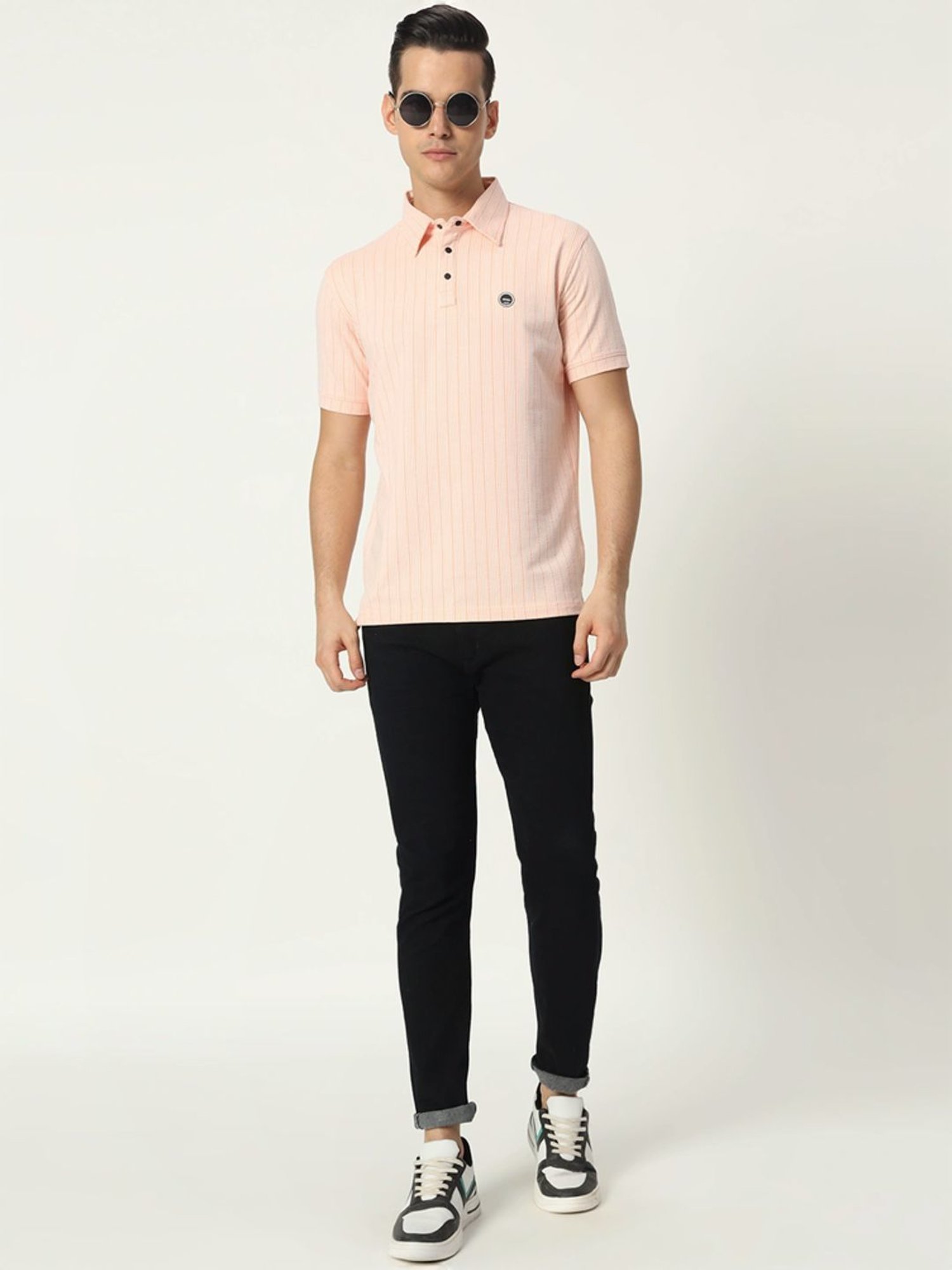 Tab91 Pink Regular Fit Striped Polo T-Shirts