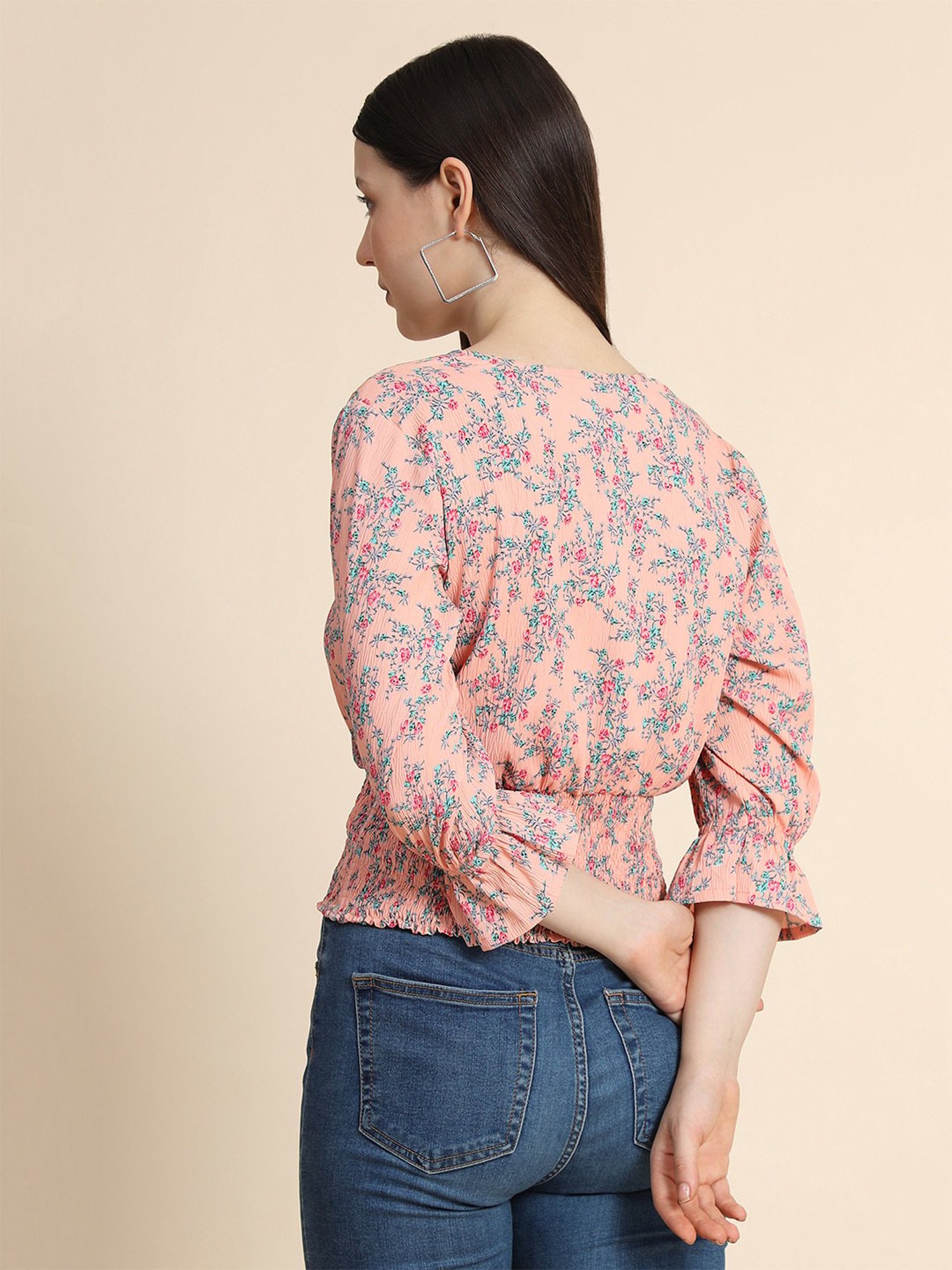 KERI PERRY Peach Cotton Floral Print Top