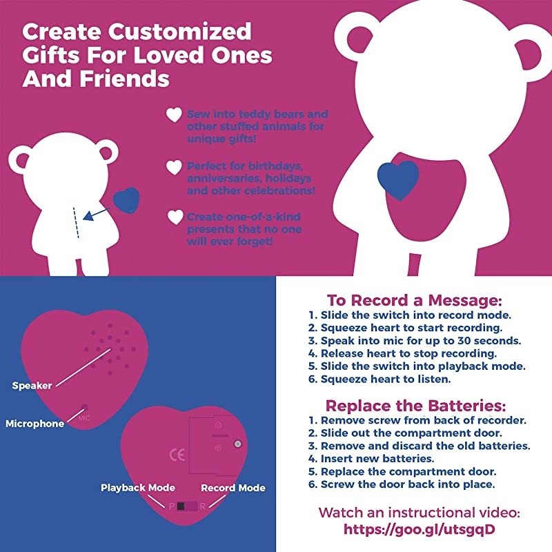 1 Pack  30 Second Voice Sound Recorder Module for Plush Toy Stuffed Teddy Bear Animal Recordable Heart Record Custom Messages Red