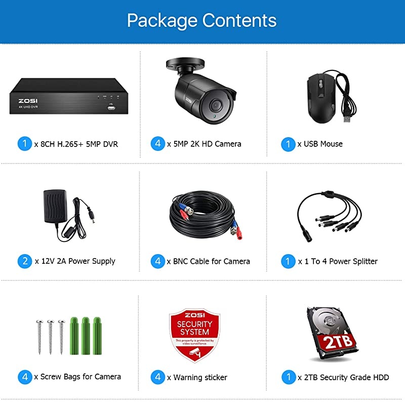 4K 8MP Ultra HD Security Camera System with Hard Drive 2TB, 8 Channel H.265+ CCTV DVR Recorder with 4 x 4K Video Surveillance Bullet Camera Outdoor Indoor, 150ft Night Vision, Motion Alerts