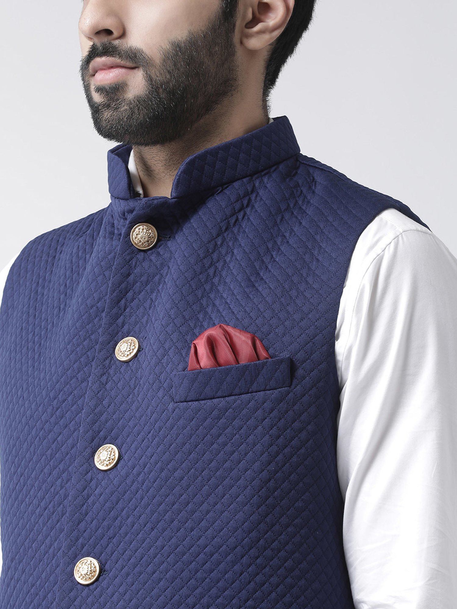 Hangup Plus Navy Regular Fit Self Design Nehru Jacket