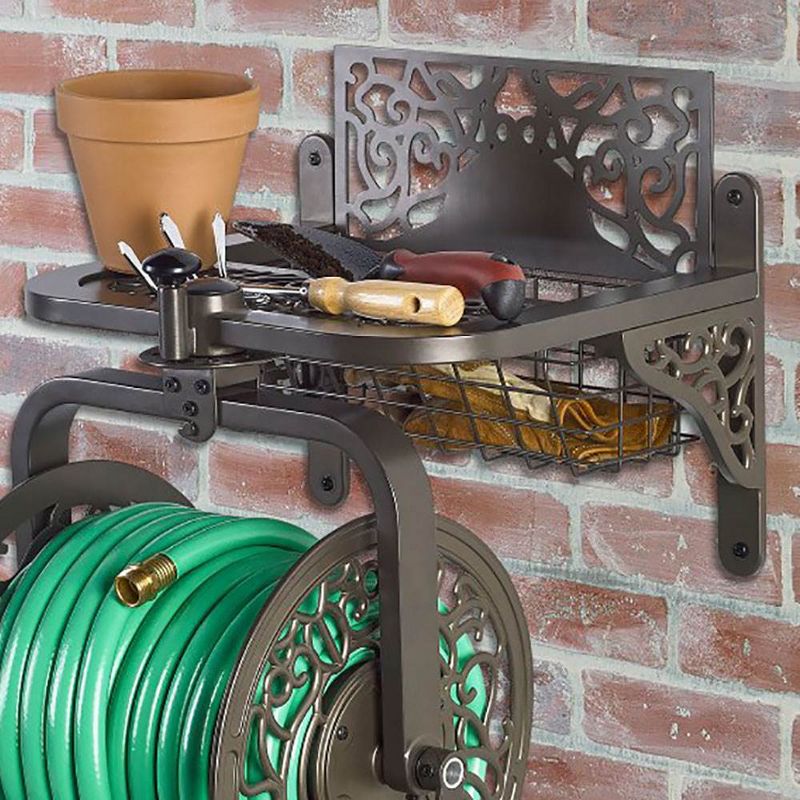 Liberty Garden LBG-714 Decorative Cast Aluminum Navigator Rotating Garden Hose Reel with Storage Basket for 125' of 5/8" Hose, Bronze