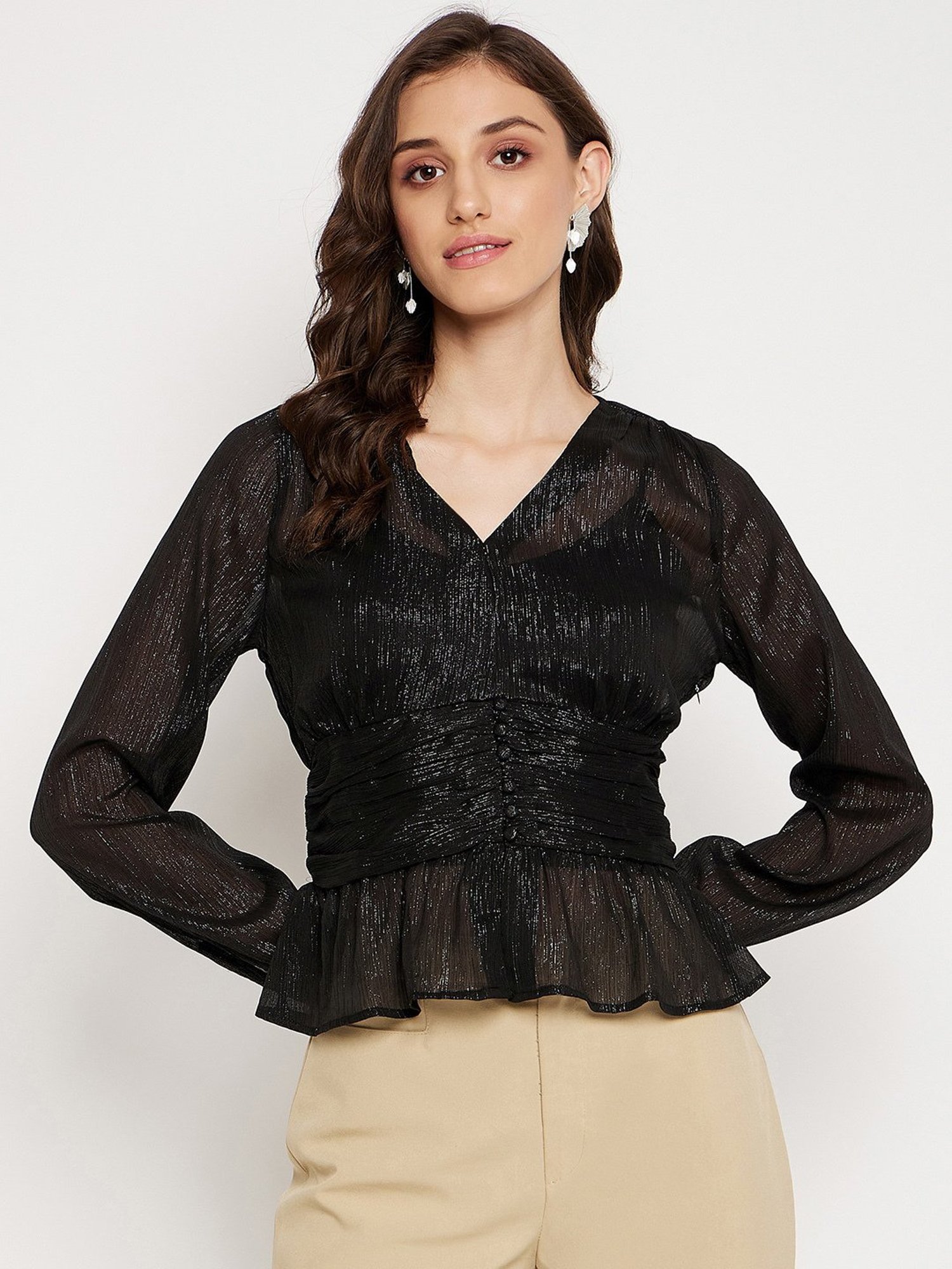 MADAME Black Textured Peplum Top