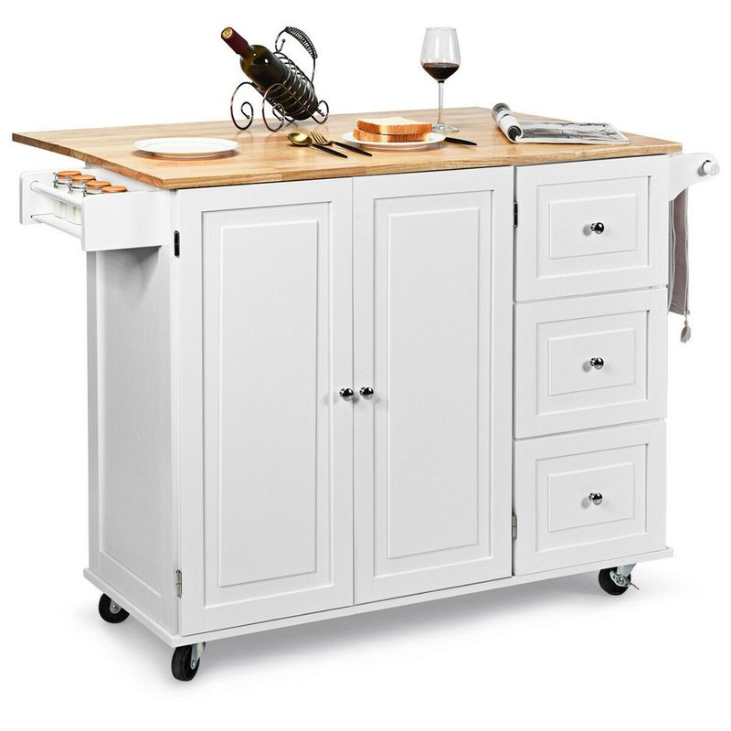 Costway Drop-Leaf Kitchen Island Trolley Cart Wood Storage Cabinet w/ Spice Rack White