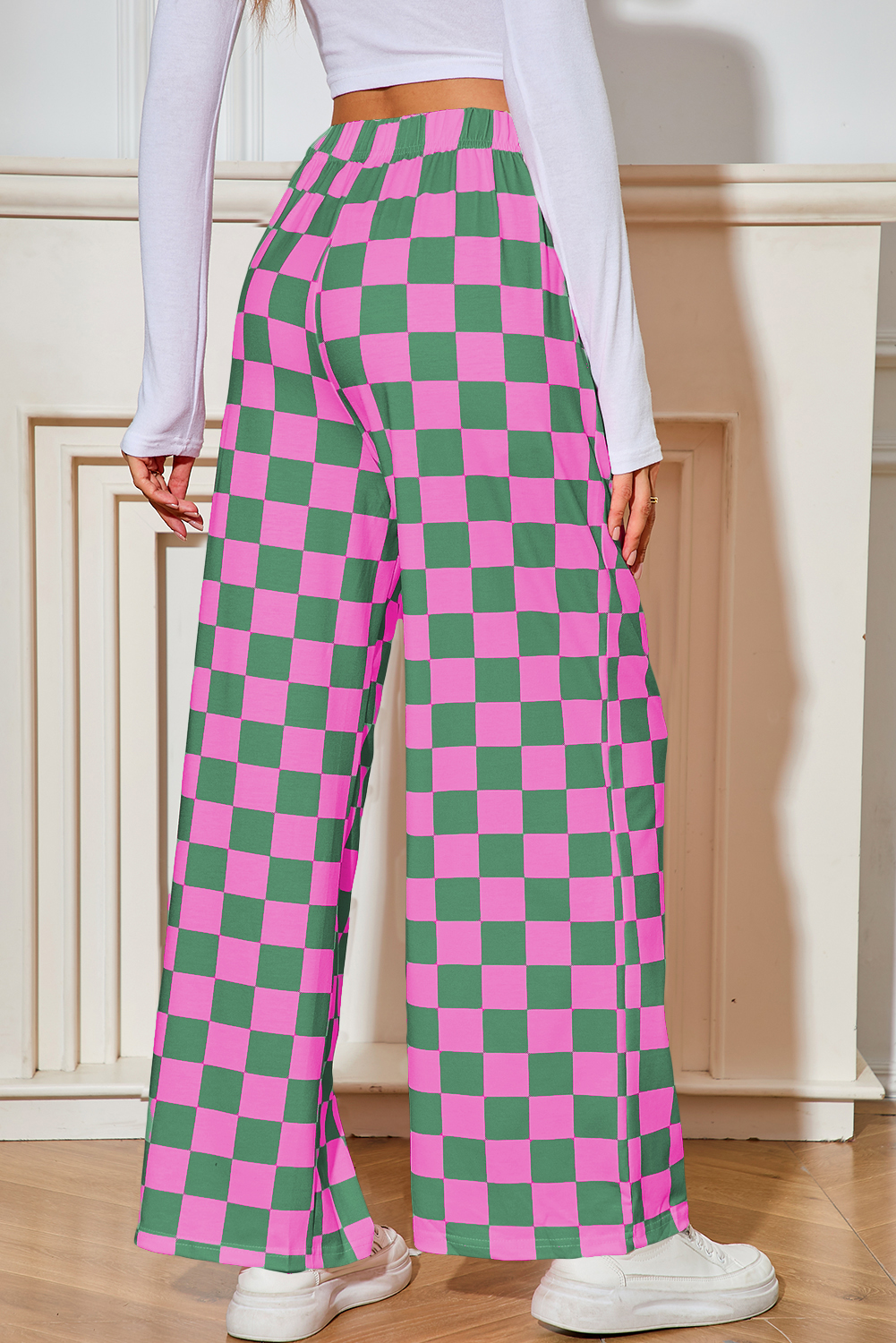 Green Checkered Print High Waist Wide Leg Pants