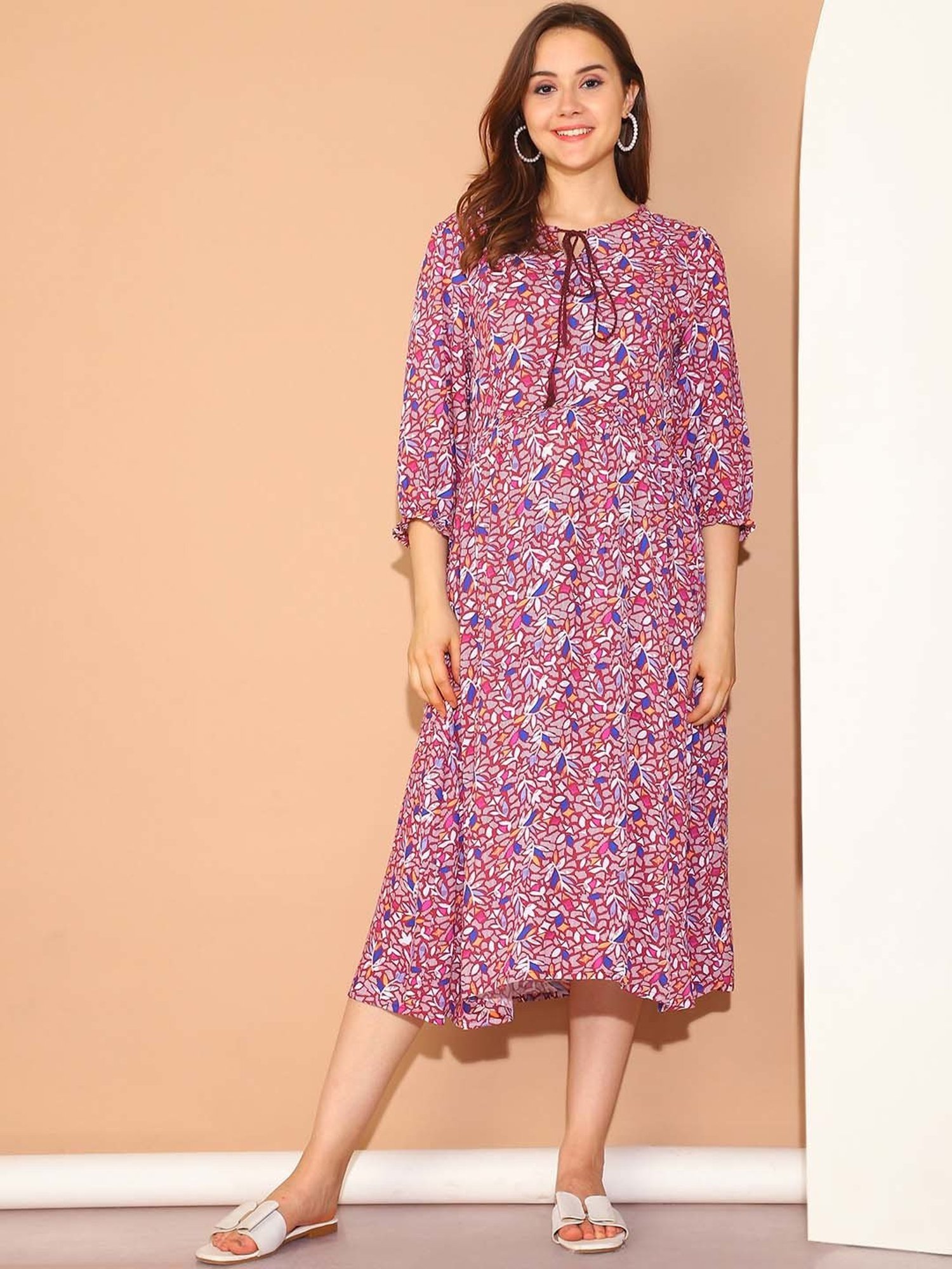 Moms Maternity Maroon Floral Print Maternity Midi Dress