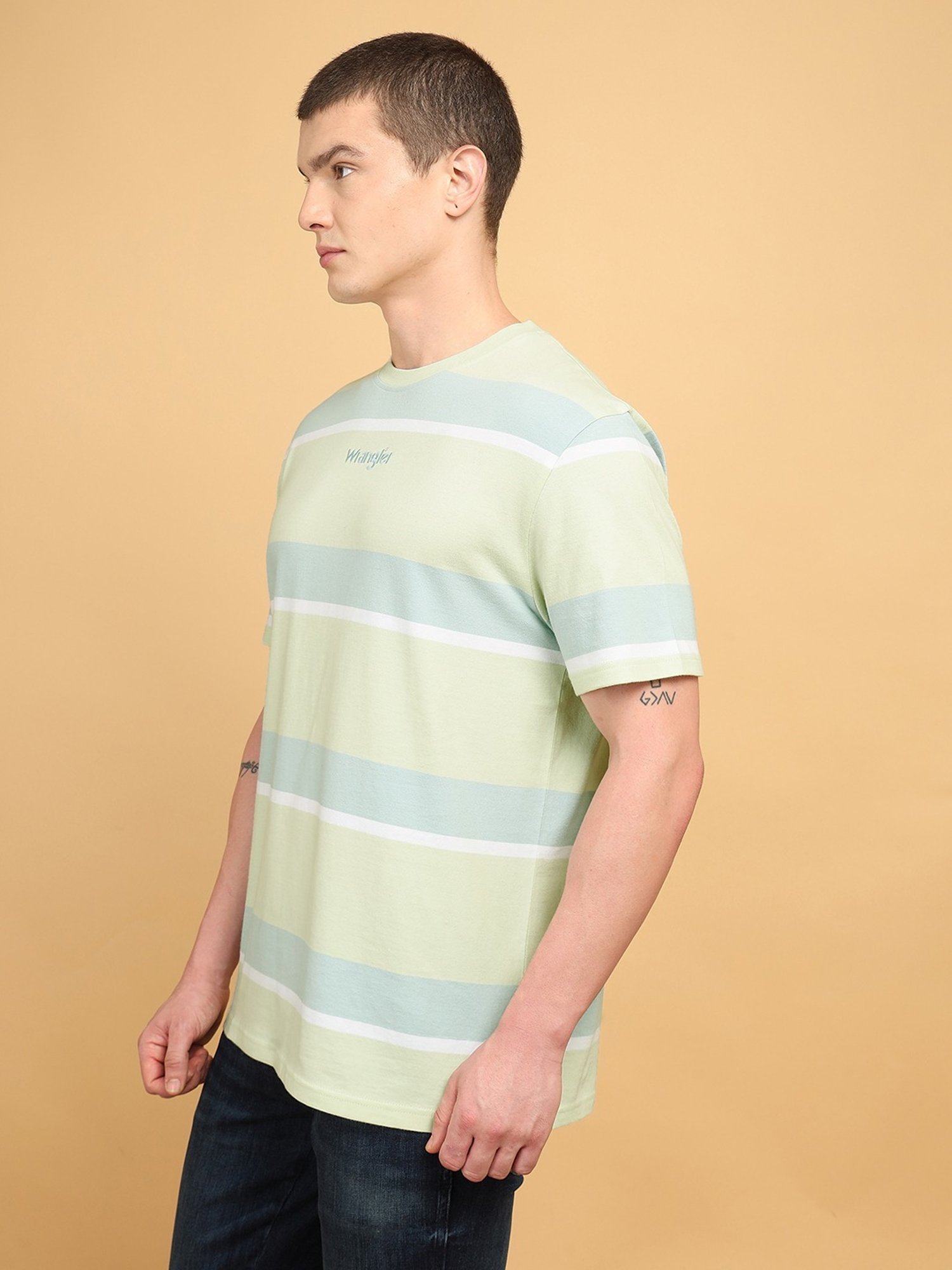 Wrangler Light Green Relaxed Fit Striped T-Shirt