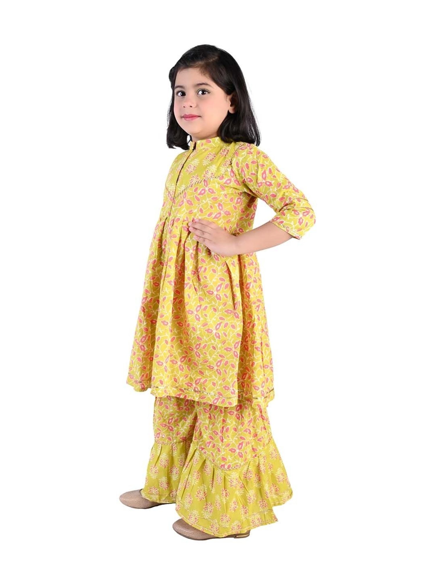 Ahhaaaa Kids Mustard Cotton Floral Print Kurti Set