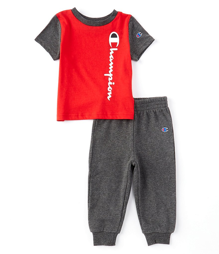 Champion Baby Boys 12-24 Months Short-Sleeve Color Block Signature Logo Jersey Tee & SolidFleece Jogger Pants Set