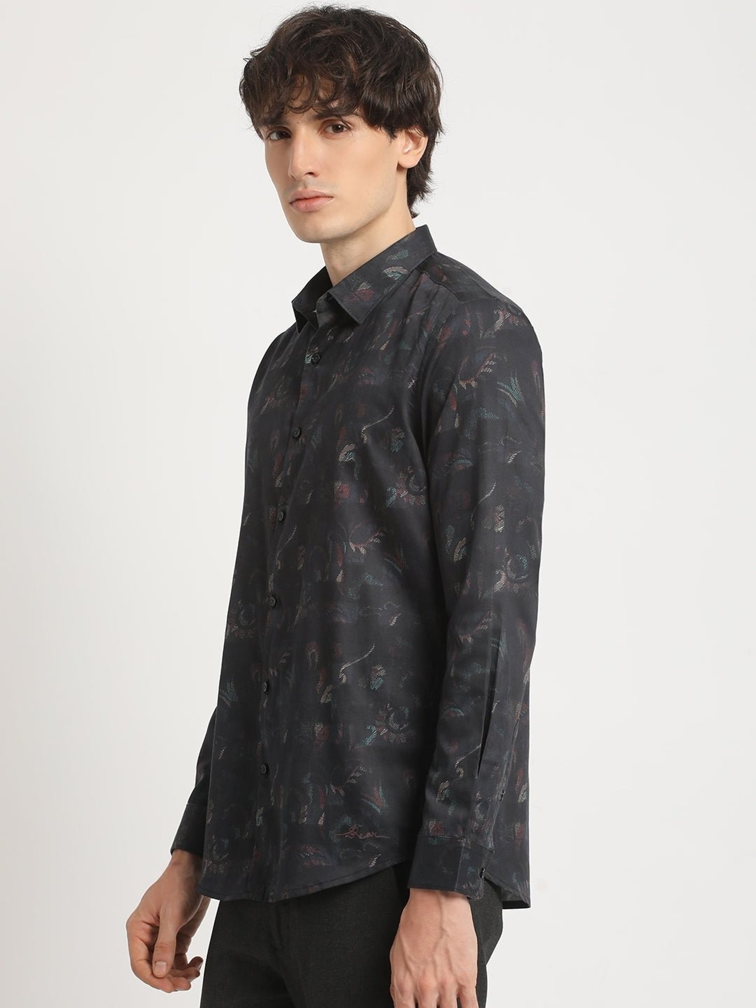 The Bear House Black Cotton Slim Fit Printed Shirt
