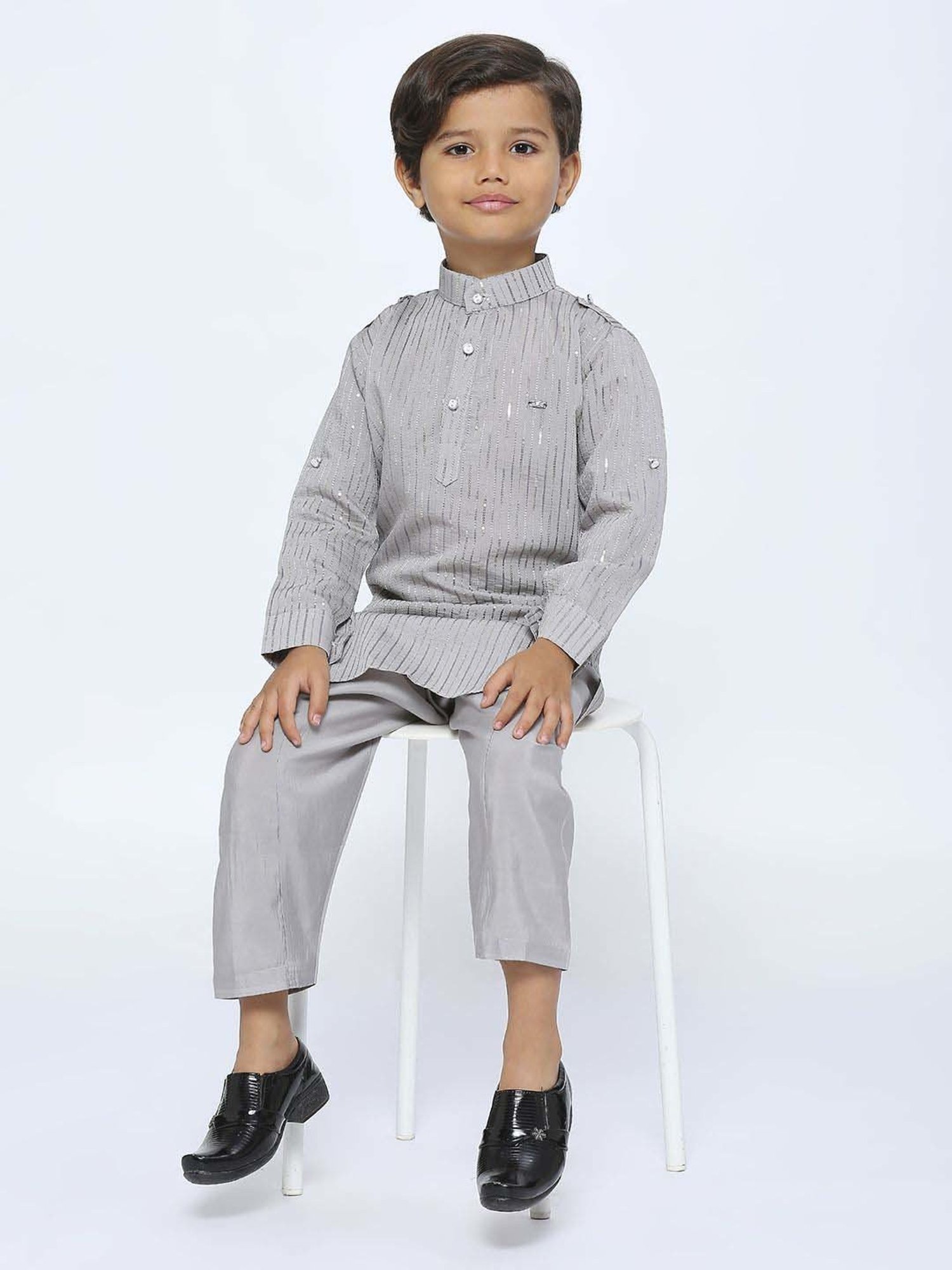 Kids Island Boys Grey Sequence Full Sleeves Kurta Set