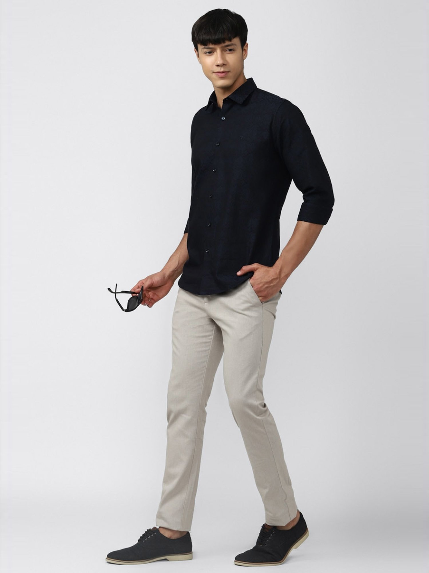 V Dot Navy Blue Cotton Slim Fit Printed Shirt