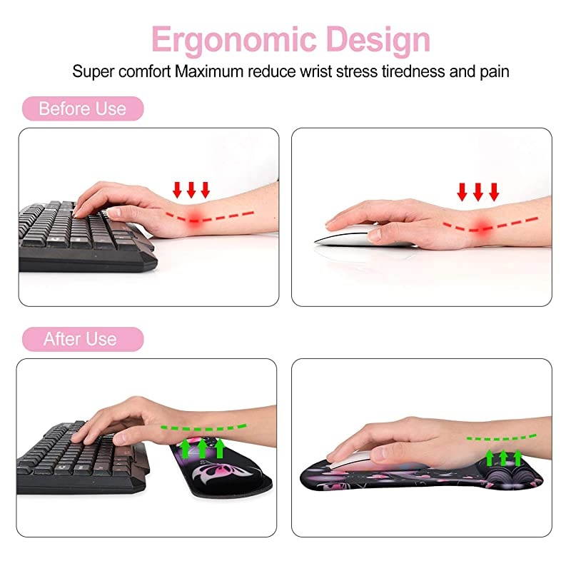 Keyboard Wrist Rest Pad Ergonomic Mouse Pad Set  Cute Mouse Pad for Computer Laptop Non Slip Mousepad Keyboard Wrist Support with Raised Memory Foam for Easy Typing Pain Relief Pink Hearts