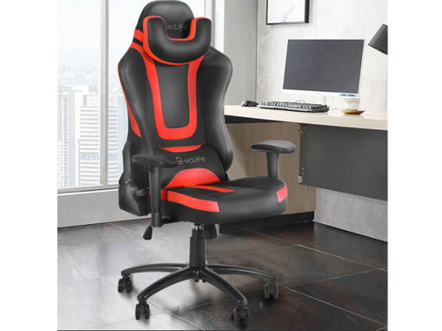 Office Gaming Chair Carbon PU Leather Reclining Black Racing Style, Executive Ergonomic Hydraulic Swivel Seat with U-Shaped Headrest and Lumbar Support,Red,GC18
