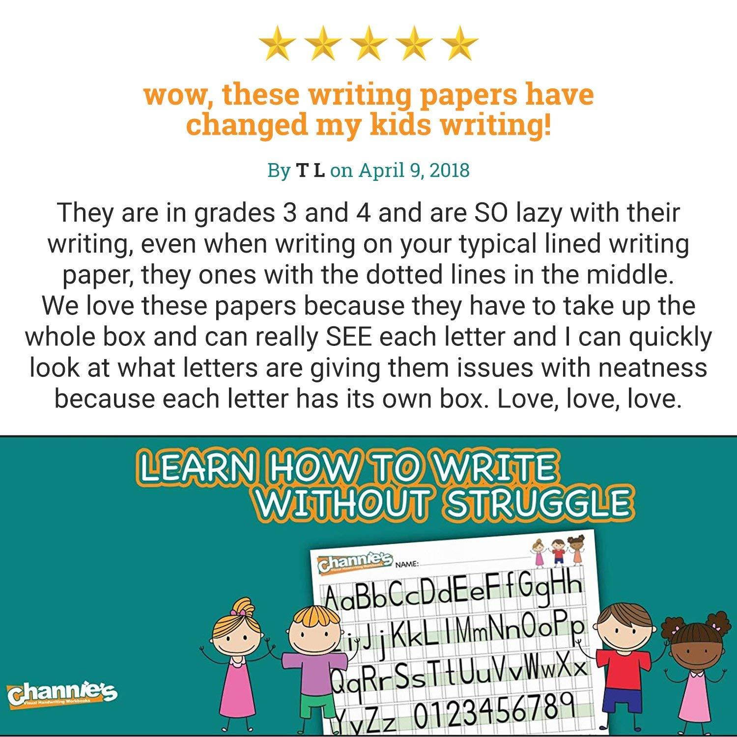 Channie&rsquo;s Practice Handwriting & Printing Paper Workbook One Page A Day, 250 Pages Front & Back, 125 Sheets, Grades PreK &ndash; 1st, Size 8.5  x 11