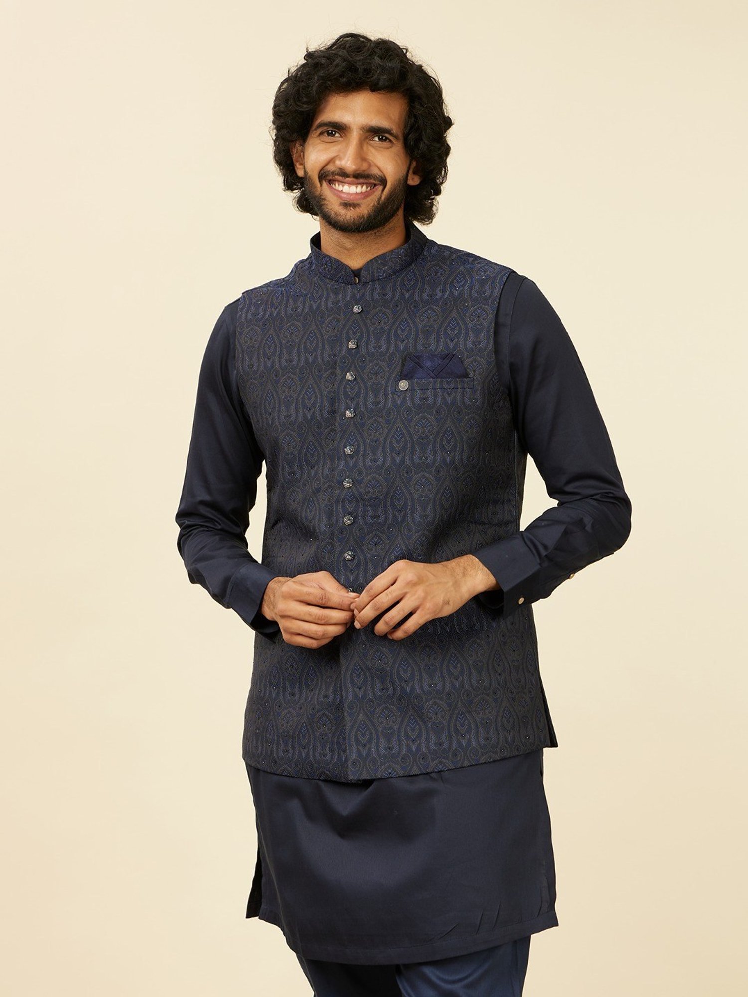 Manyavar Dark Blue Embroidered Nehru Jacket