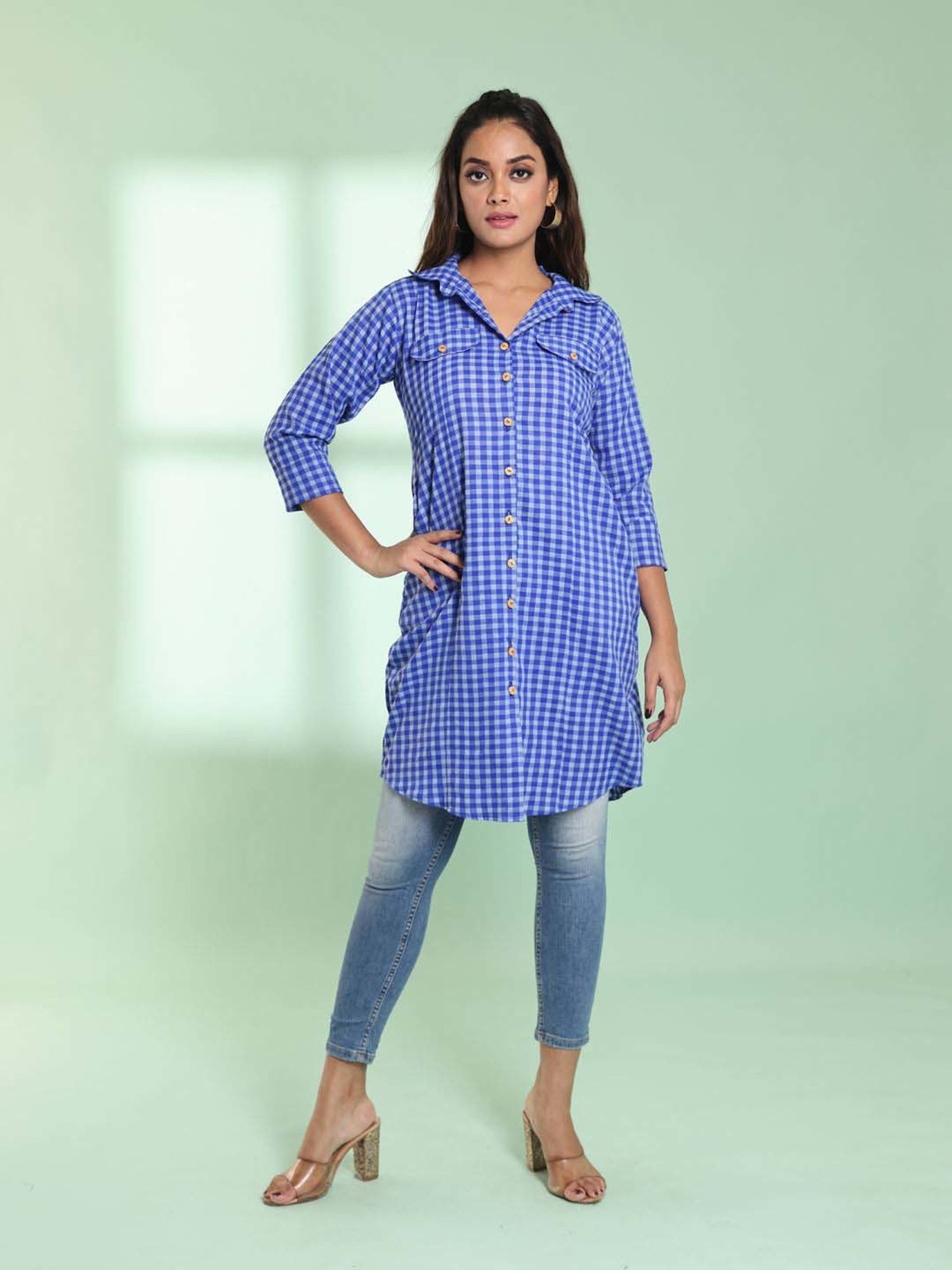 CHARUKRITI Blue Chequered A Line Kurti