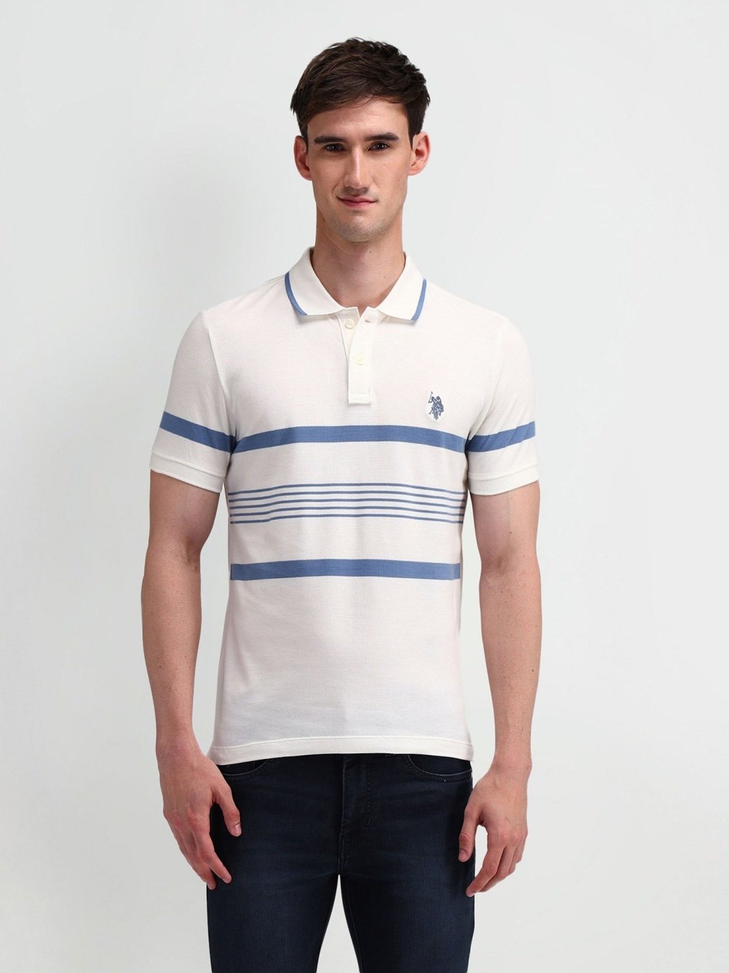 U.S. Polo Assn. White Cotton Slim Fit Striped Polo T-Shirt