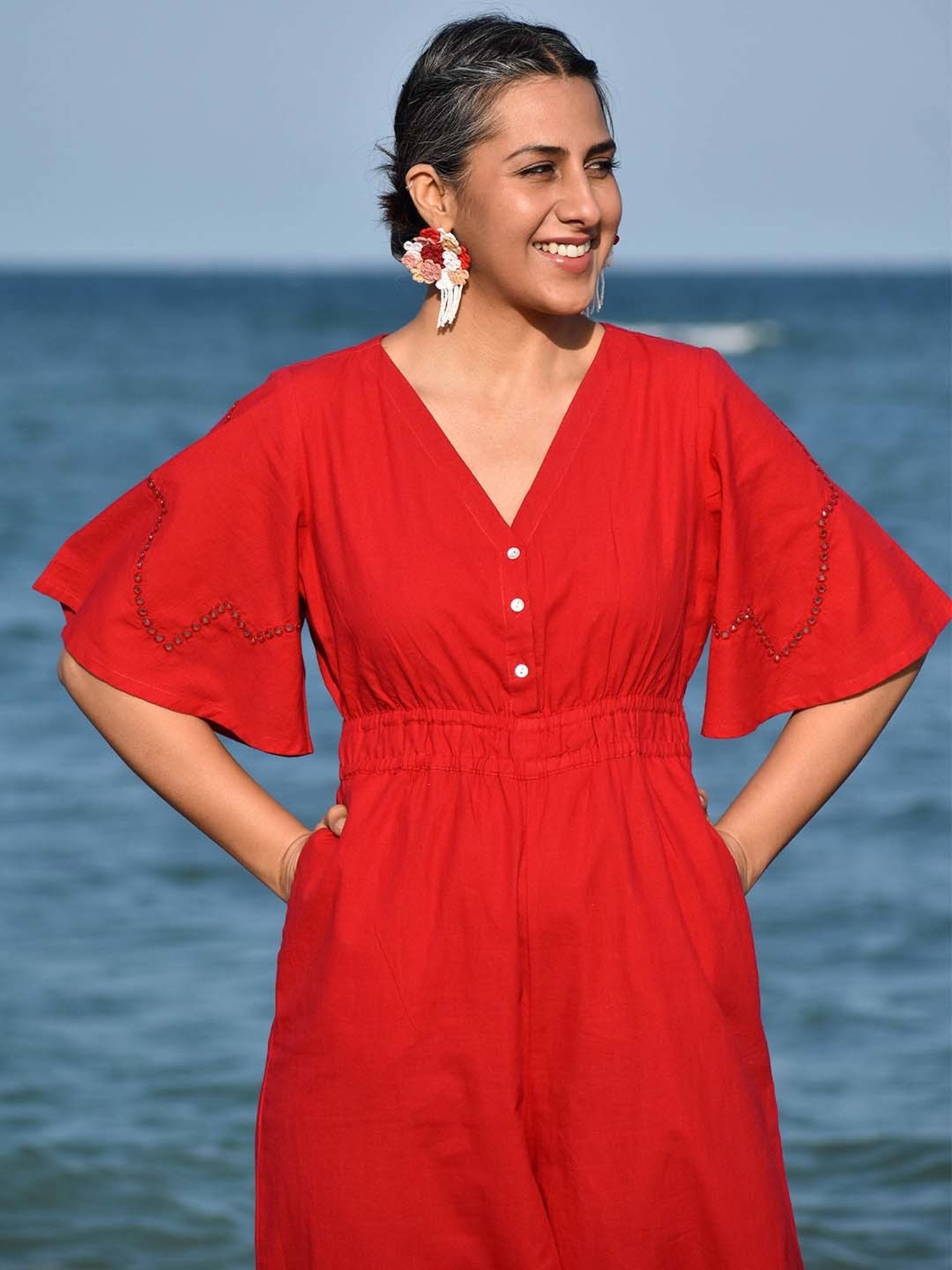 Okhai Pioneer Red Pure Cotton Mirror Work Jumpsuit