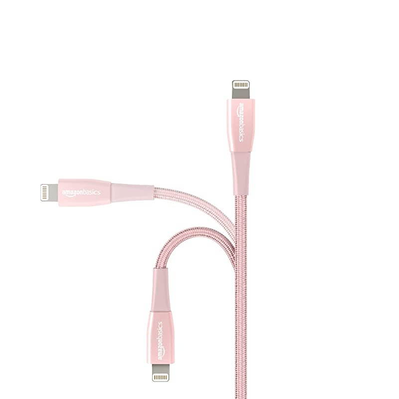 Basics Double Nylon Braided USB A Cable with Lightning Connector, Premium Collection, MFi Certified Apple iPhone Charger, 6 Foot, 2 Pack, Rose Gold